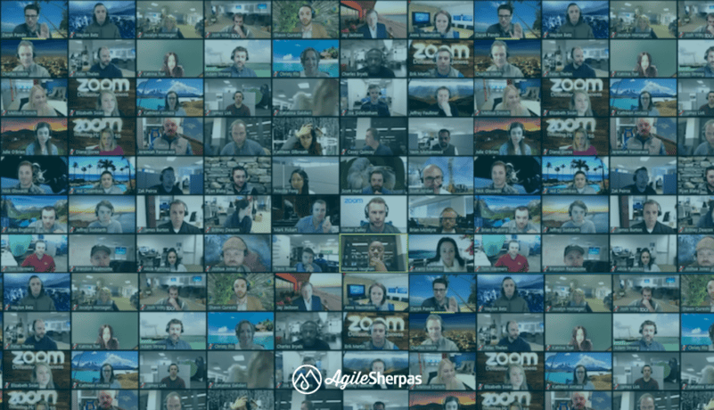 A mosaic image containing a great number of small photos of people part of a remote agile marketing team using a popular video conferencing tool