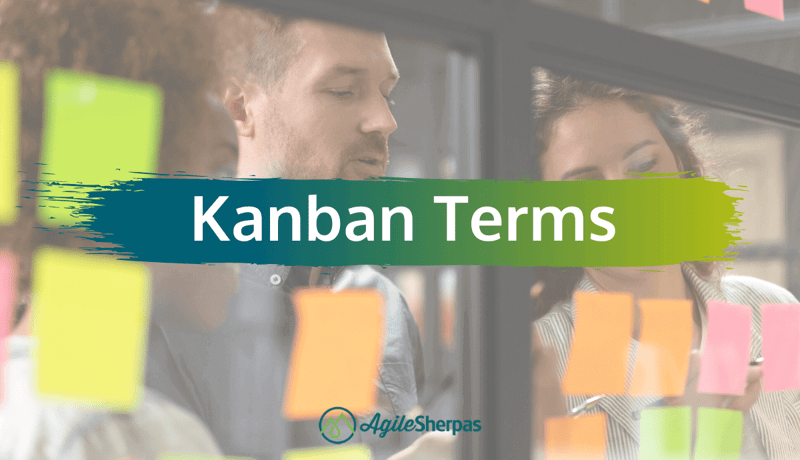 A banner saying "Kanban terms" on a background of two people standing in front of a Kanban board"