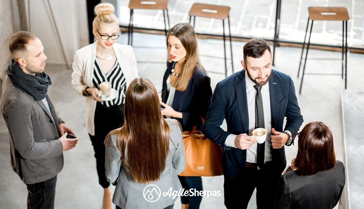 A team consisting of six people engaged in active communication.