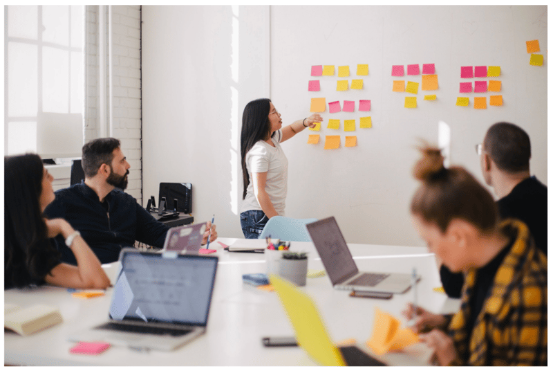 An Asian woman in front of a physical Kanban board surrounded by her team.