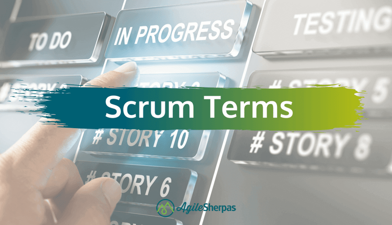 A banner saying "scrum terms" on a background of black buttons.