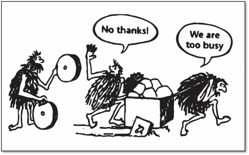 A picture illustrating 2 cavemen pushing a cart with square weels accompanied by a third one suggesting to use round wheels