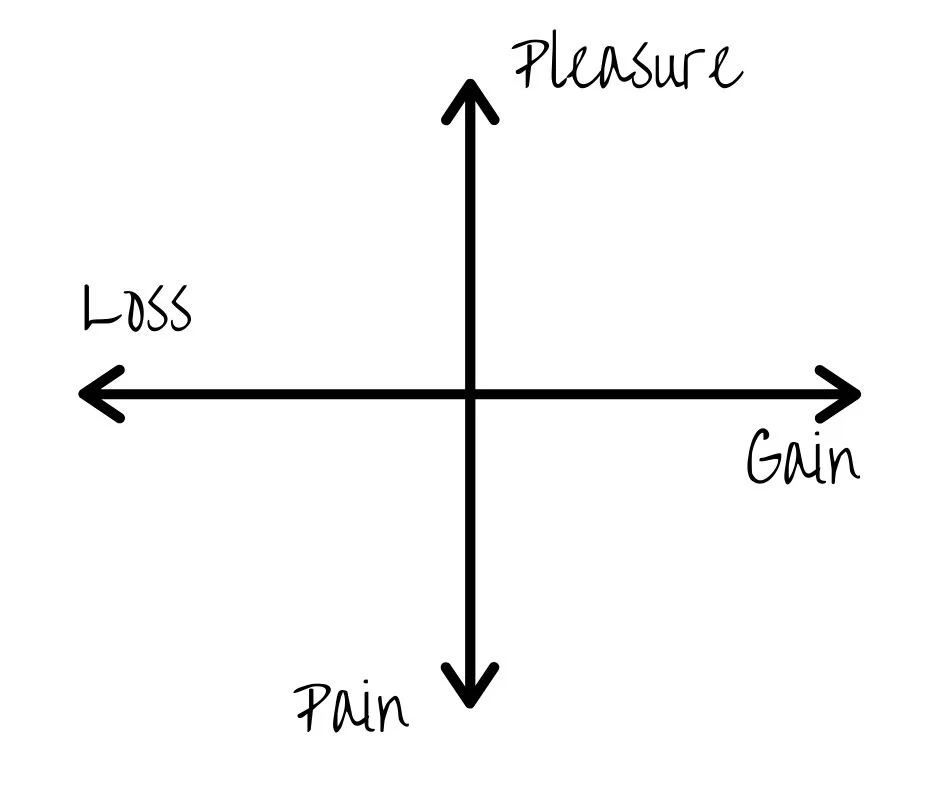 A graph with 4 quadrants representing: pleasure, gain, pain, and loss.